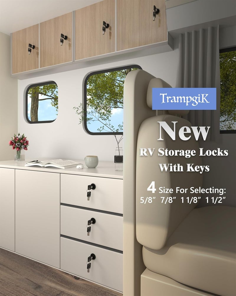 TrampgiK RV Storage Locks, 7/8” Camper Compartment Storage Door Lock with Keys, for RV Camper Travel Trailer,Drawer Cabinet Toolcart Storage, 7/8 Inch 12 Locks with 24 Keyed Alike, Black - Image 2
